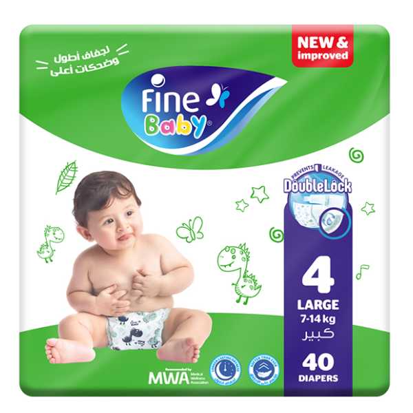Fine Baby Diapers Large Size 4, (7-14 Kg), 40 Diapers