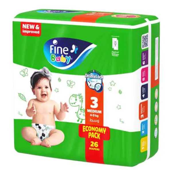 Fine Baby Diapers Medium Size 3, (4-9 Kg), 26 Diapers