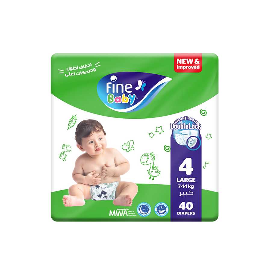 Fine Baby Diapers Large Size 4, (7-14 Kg), 40 Diapers
