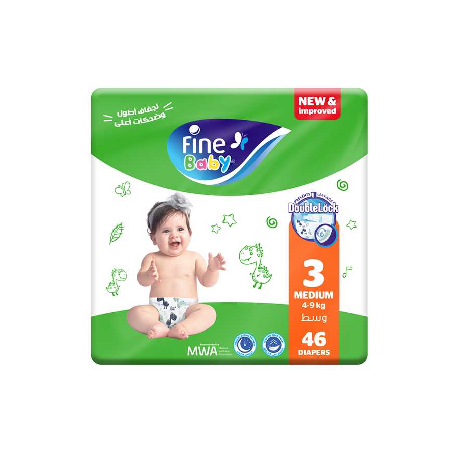 Fine Baby Diapers Medium Size 3, (4-9 Kg), 46 Diapers